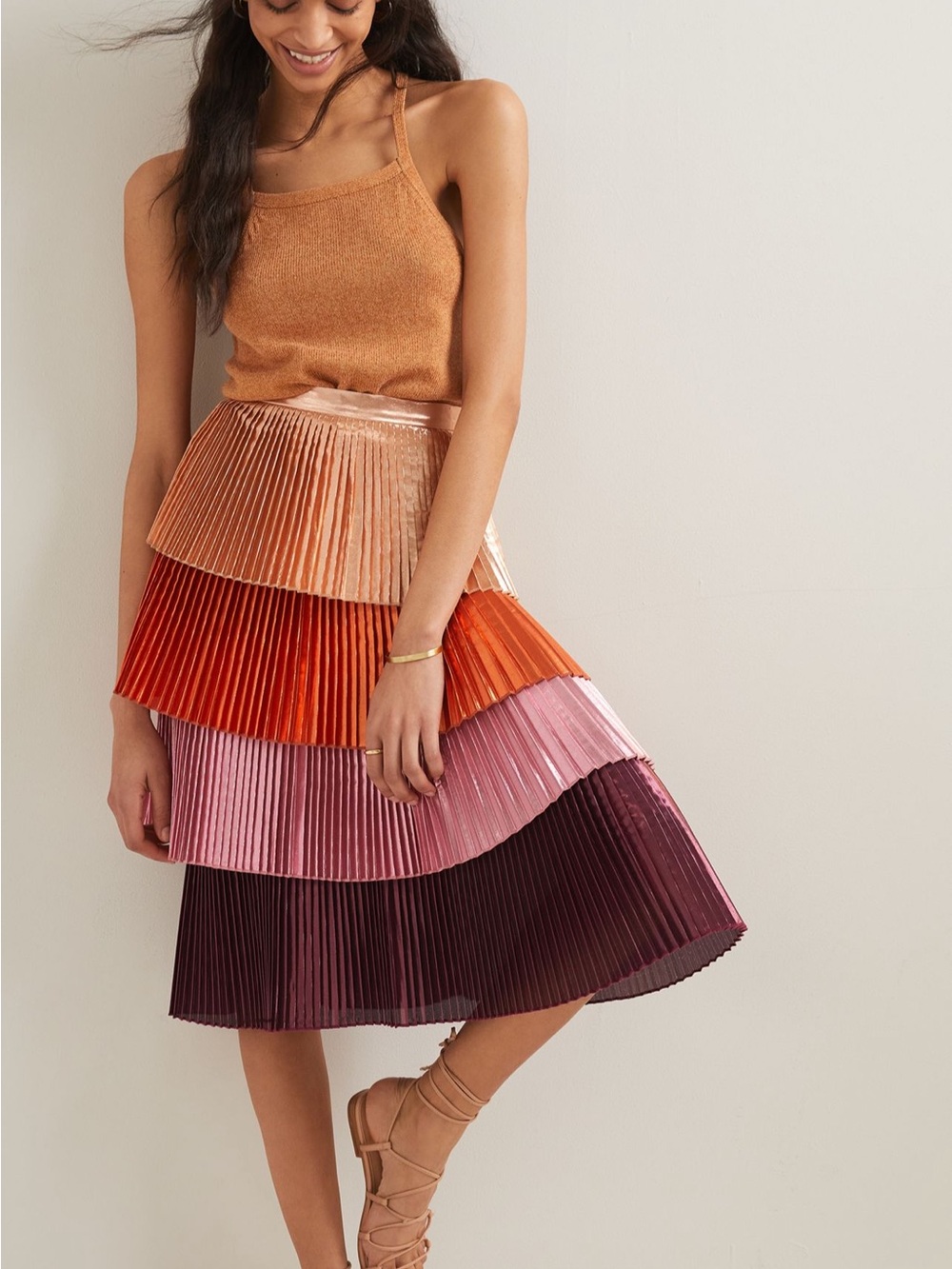 Anthropologie Delfi Tiered Pleated Midi Skirt in Orange, Pink & Burgundy